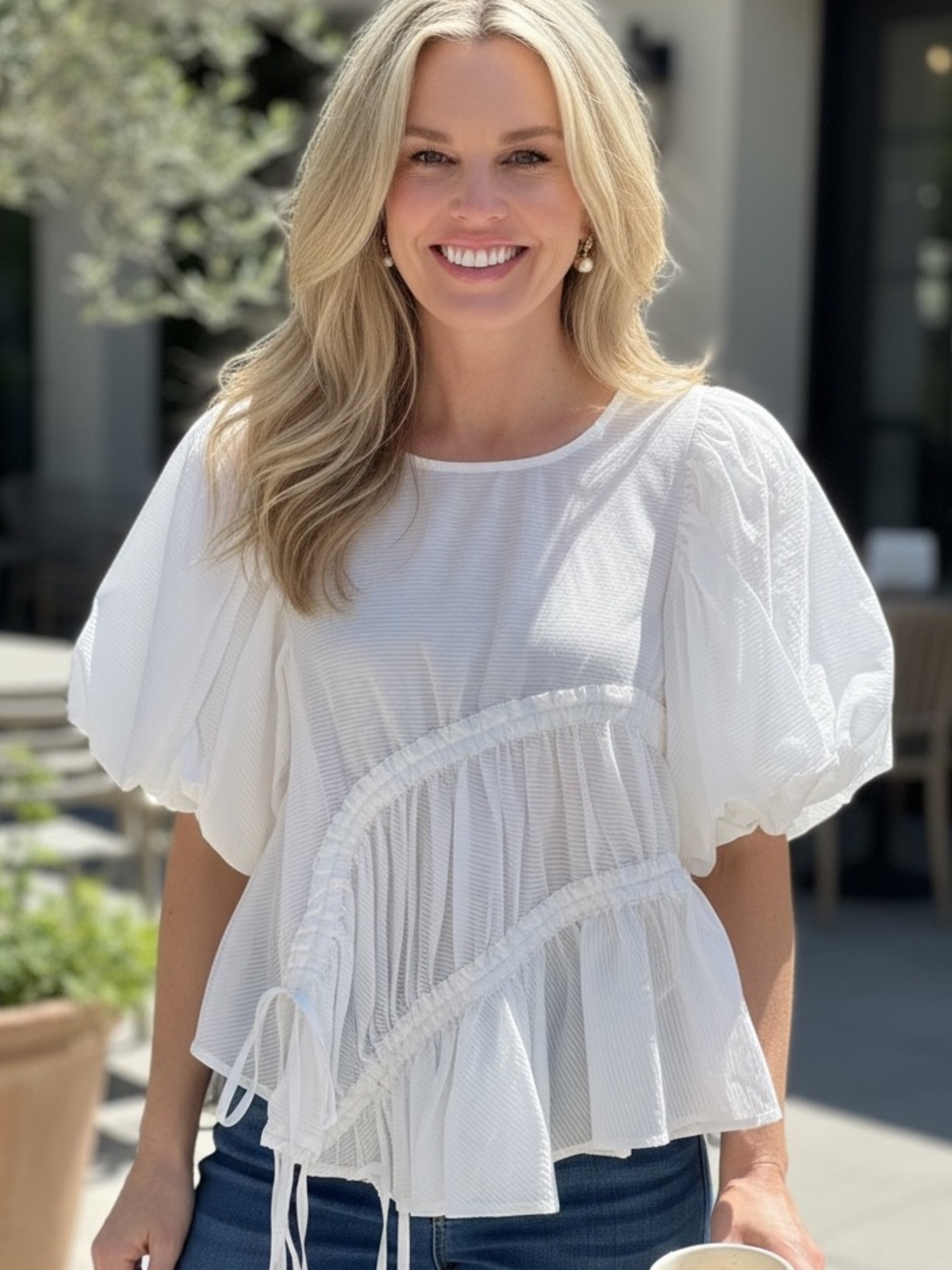bohme White Puff-Sleeve Ruffle Blouse PC